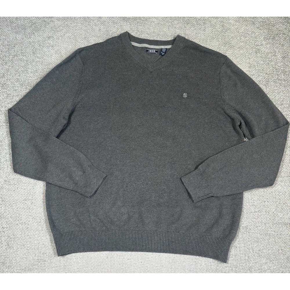 Izod Sweater Mens XXL 2XL Gray V Neck Cotton Pullover